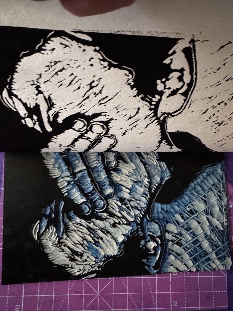 reduction lino print, 5 layers, Black and Blue, Nusye Mccomish, SouthSeaEyes 2026